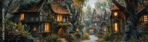 A quaint garden house nestled in a medieval town, surrounded by blooming flowers and lush greenery.