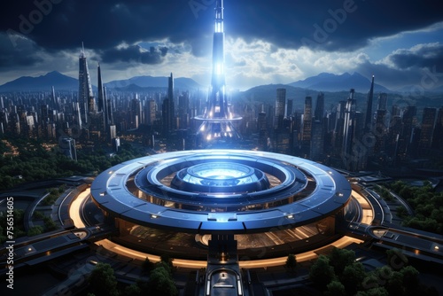 In a futuristic cityscape, towering skyscrapers surround a circular fusion reactor, symbolizing the clean and reliable energy production of the future. 