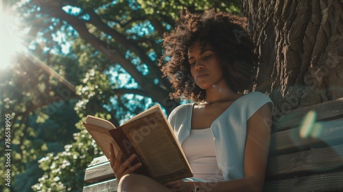 A young woman with short, curly hair, deeply engrossed in a paperback book on a weathered wooden park bench, sunlight dappling through the leaves of a towering oak tree.