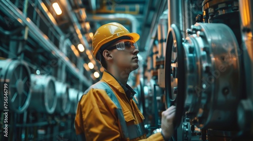 An attentive engineer with a safety helmet is fine-tuning industrial machinery in a plant, representing precision and skill in manufacturing.