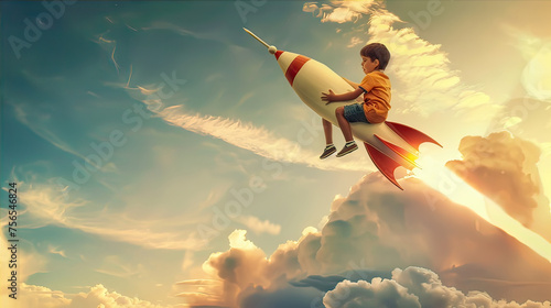Little boy flies through the sky while sitting on a rocket