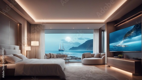 modern bed room highly intricately detailed photograph of Beautiful beach with sailing boat yacht in the widow 