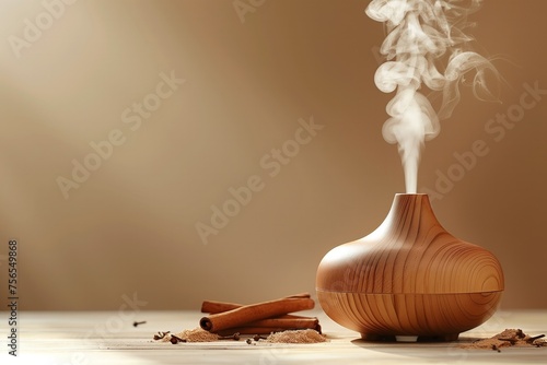 An essential oil diffuser on the table, nearby cinnamon sticks, minimalism, beige background, copy space for text. Still life. Concept aromatherapy and relaxing. Air freshener