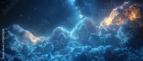 Night sky with stars. White cumulus clouds. Moonlight, starlight. Background. Astrology, astronomy, science fiction, fantasy, dream. Storm front. Dramatic. Wide banner. Panoramic.