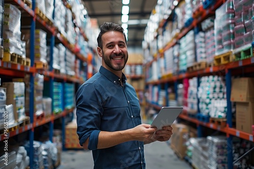 A man in a dress shirt is smiling while holding a tablet in a retail warehouse. He is providing engineering services for selling goods on shelves to enhance customer service in the marketplace