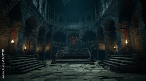 A dark, eerie castle interior with stone architecture and dim lighting