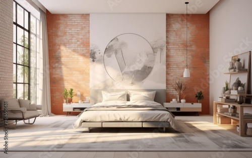 A large bed with a white comforter and a white pillow sits in a room with a brick wall. The room is well lit and has a modern, minimalist design. A potted plant is placed on a table near the bed