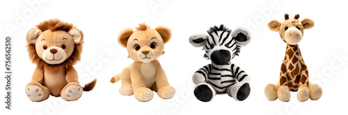 Cartoon 3D Illustration of Cute Stuffed Animal Toy Set - Baby Lion, Lion Zebra and Giraffe from Savannah, Isolated on Transparent Background, PNG