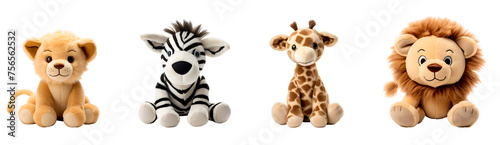 Savannah’s Baby Lion, Lion Zebra and Giraffe Stuffed Animal Toy Set in Cute Cartoon 3D Illustration, Isolated on Transparent Background, PNG