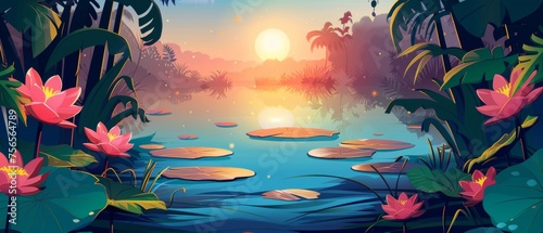 In the midst of a lush rainforest swamp with lotus flowers at sunset, a vibrant sun rises above a lake surface in shadows cast by jungle trees and plants.