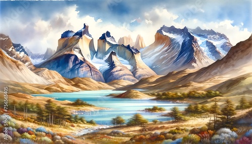 Watercolor landscape of Torres del Paine National Park, Chile