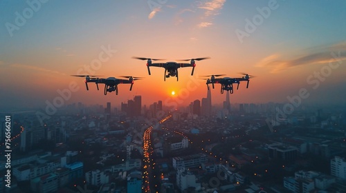 Quadcopter Drones Over City At Dawn, Orange Skyline. Smart Cities, Technology Integration In Urban Development. Surveillance, Monitoring, Urban Planning. AI Generated