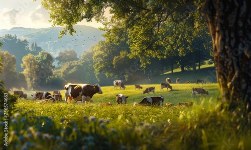 Herd of cows on a lush green pasture