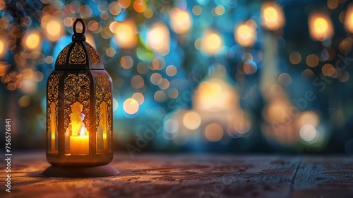 lantern with a candle inside sitting on Islamic blurred mosque with bokeh in the background for eid al fitr and adha space for text
