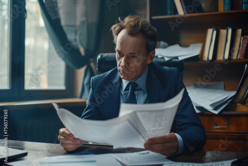 Serious pensive businessman behind paperwork, financier looking at documents, papers and contracts, thinking about solutions to set tasks, man inside office in business suit with laptop. Generative AI