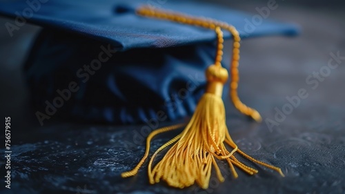 Grad cap with golden tassel in soft focus of scholarly achievements and education
