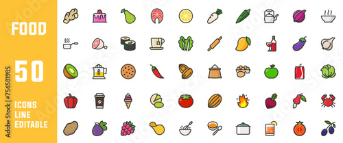 50 Food icons collection. Containing meal, restaurant, dishes and fruits icon. Vector illustration.