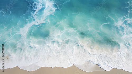 High angle view of sand beach and blue turquoise sea wave