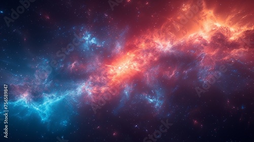Cosmic background with a vibrant and colorful nebula, an interstellar cloud of dust, hydrogen, helium, and other ionized gases. Concept: astronomy, space exploration, or astrophysics