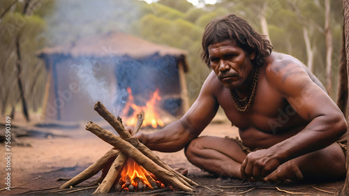 Australian aboriginal man near the fire