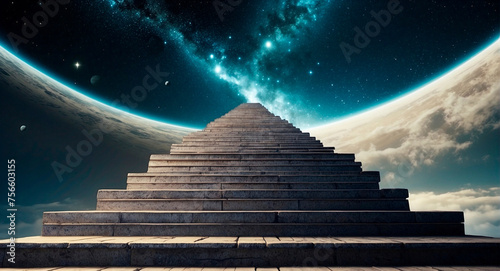 A surreal portrayal of staircases ascending towards myriad dimensions against the backdrop of boundless space, prompting a reconsideration of reality's bounds