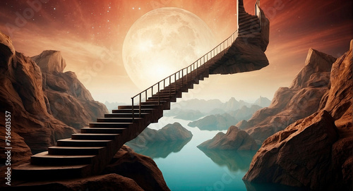 A surreal portrayal of staircases ascending towards myriad dimensions against the backdrop of boundless space, prompting a reconsideration of reality's bounds