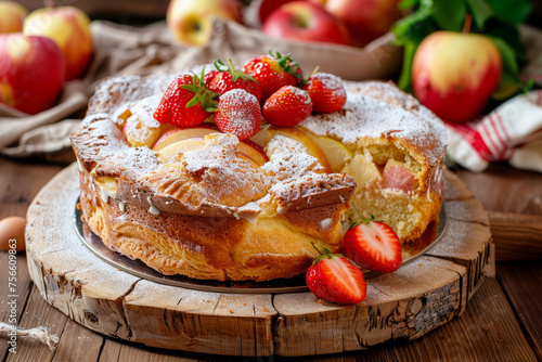 Classic sponge cake with apples and strawberries on wood table. Homemade cake