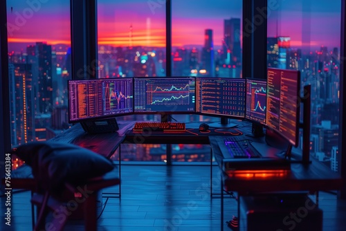 A modern trading desk with multiple screens displaying graphs, in a room with a view of a cityscape at twilight