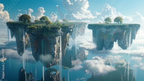 Surrealistic landscape with floating islands and upside-down waterfalls