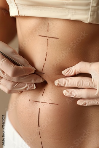 Medical professional marking a woman's abdomen for surgery.