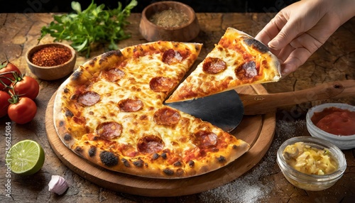 Wood fire cheesy pizza slice in hand. Traditional Hawaiian and Salami pizza savory dish flavour of origin Italian restaurant. Wood-Fired Oven Pizza with people holding and cutting knife background
