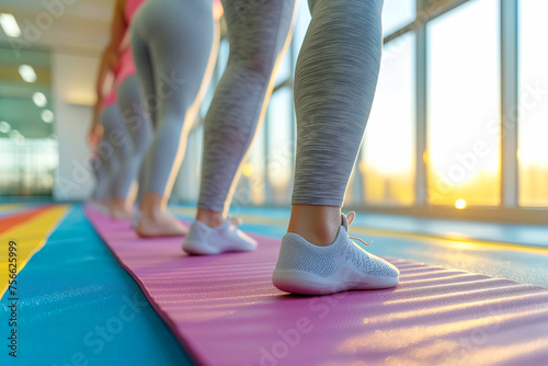 Close up of legs of young woman doing exercise on fitness mat in gym