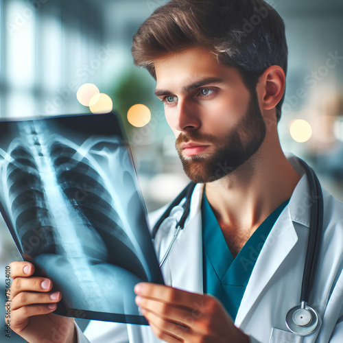 doctor looks at an x-ray on a blurred background of a medical office