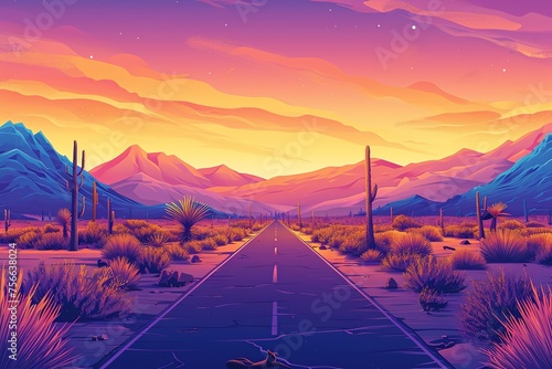 Groovy Desert Road to Mountains at Sunset. Stylized groovy illustration of a desert road leading to mountains with cacti under a sunset sky.