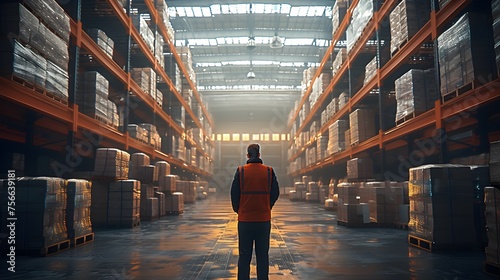 A їman works to inspect merchandise while walking through a distribution warehouse.