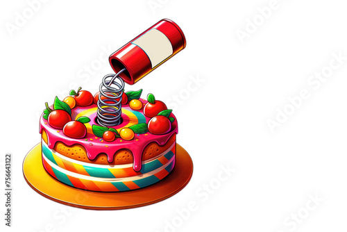 Brightly colored, playful fake cake with a spring-loaded can jumping out as a comical surprise, epitomizing the essence of April Fools Day fun. Greeting card with copy space for text.