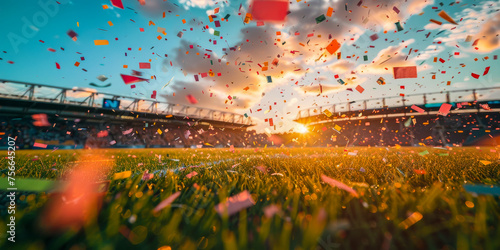 Vibrant confetti rains down on a stadium field as the setting sun bathes the scene in golden light