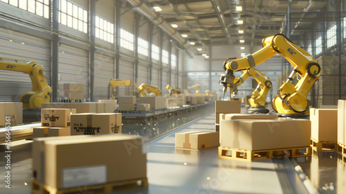 Engineers fine-tuning the calibration of robotic arms within a distribution center, ensuring maximum efficiency and safety in handling packages. 8K -
