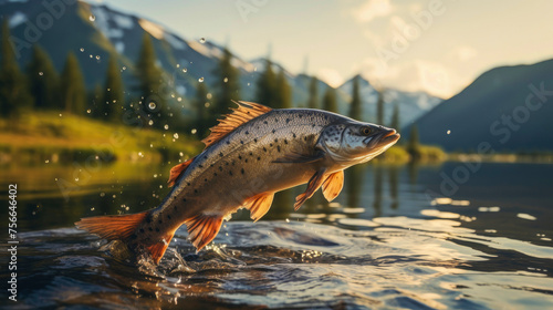 Close up of fish rainbow trout jumping from the water with bursts in high mountain clean lake or river, at sunset or dawn, picturesque mountain summer landscape. Copy space.