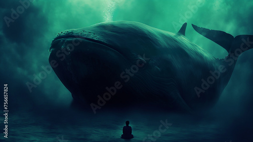 Jonah and the whale visualized with a tiny figure sitting thoughtfully inside a massive, shadowy leviathan under the sea, with copy space