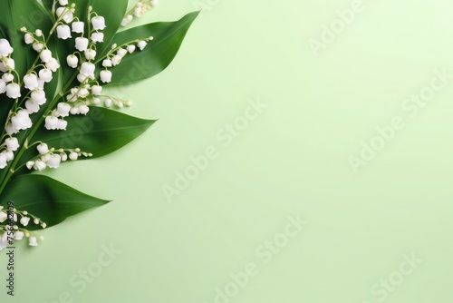 Fresh lily of the valley flowers on a gentle green background, a minimalistic floral design concept. Copy space