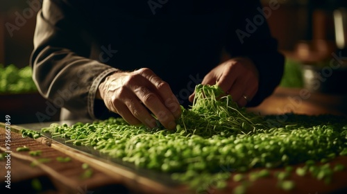 Harvesting microgreens. capturing the moment of cutting fresh stems for a healthy meal