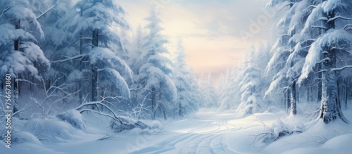 A winter wonderland with snowcovered trees and a frostcovered road cutting through the snowy forest landscape under the freezing sky