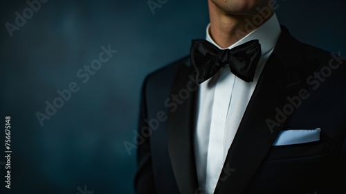 A man exudes sophistication in a sleek tuxedo and bow tie, embodying timeless elegance