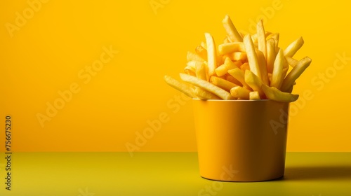 A yellow cup overflows with crispy french fries on a wooden table