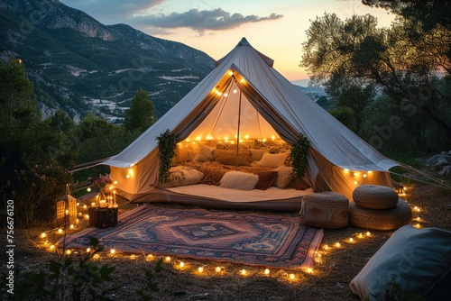 Luxury glamping camping tent with cozy accessories, light garlands and beautiful landscape at sunset. Glamping by night poster. Colorful lights and garlands.