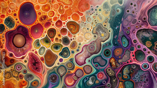 A mesmerizing, colorful abstract of swirling patterns, resembling cellular or microscopic imagery, in a vibrant array of hues.