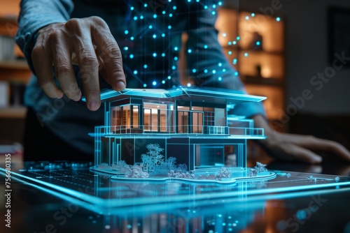 A person is using holographic technology to create an architectural model of their house on the table, showcasing various perspectives Generative AI