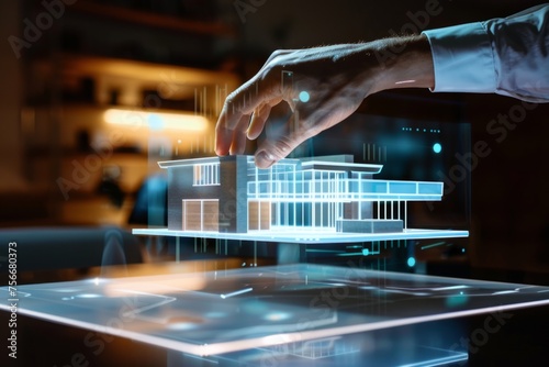 Digital hologram of a modern house on a digital table technology concept for real estate or architecture business Generative AI