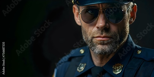Crime Concepts: Male Police Officer in Uniform and Sunglasses. Concept Law Enforcement, Male Police Officer, Uniform, Sunglasses, Crime Concepts